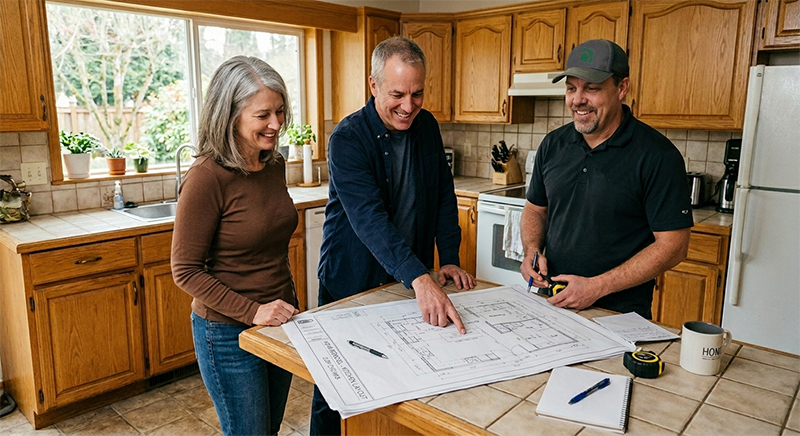 couple reviewing renovation plans with Baker Home Group contractor
