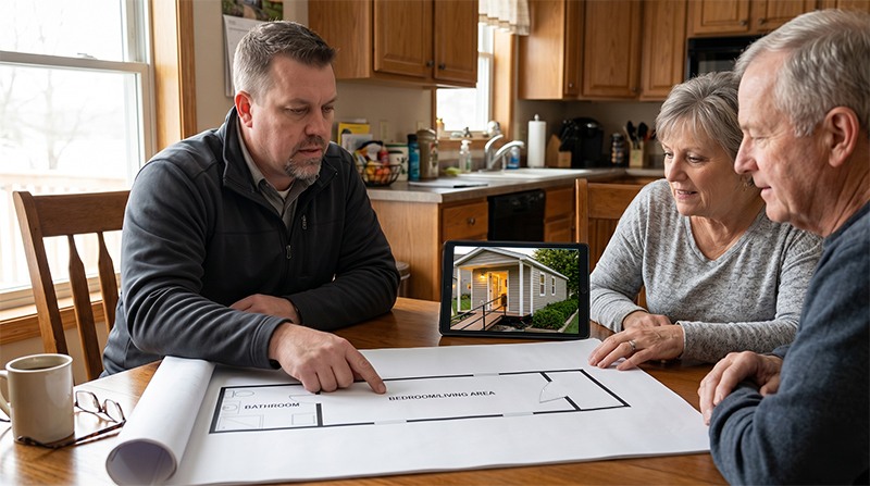 Baker Home Group AblePods Step 2 Image of a couple Discussing Plan with contractor